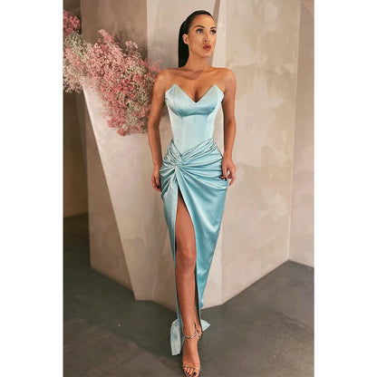 Sheath/column Sky Blue Stretch Satin V-neck High Split Long Prom Dress