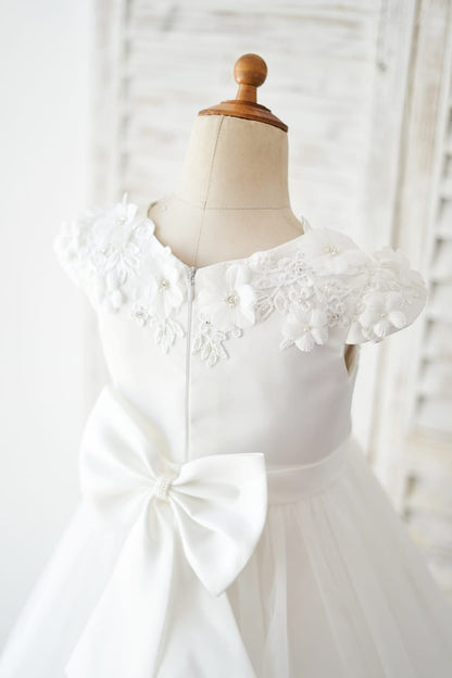 Satin Tulle Tea-length Ivory First Communion Flower Girl Dress