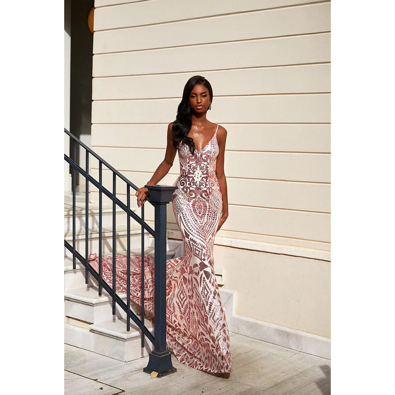 V-Neck Spaghetti Straps Sequined Mermaid Long Prom Formal Gown