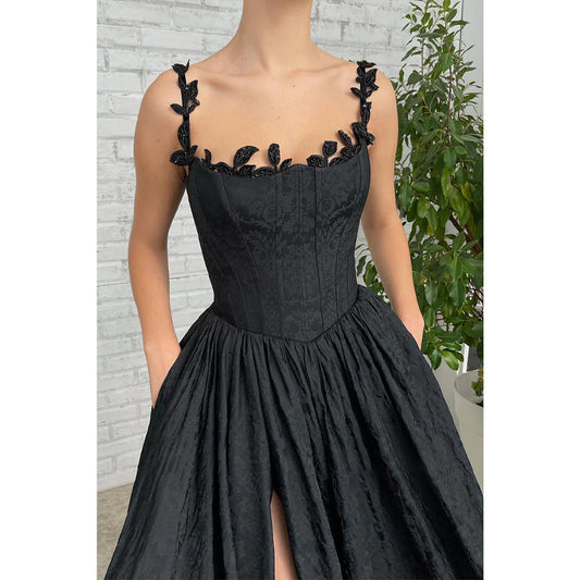 Women's Square Black Lace Split Long Prom Dress with Pockets