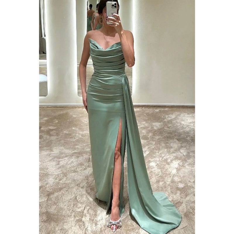 Chic & Modern Strapless Simple Pleats Slit Long Formal Evening Dresses