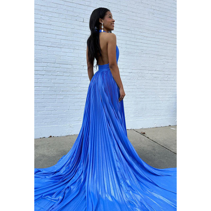 Simple & Casual A-Line Halter Sleeveless Side Slit Backless Holiday Party Prom Dress