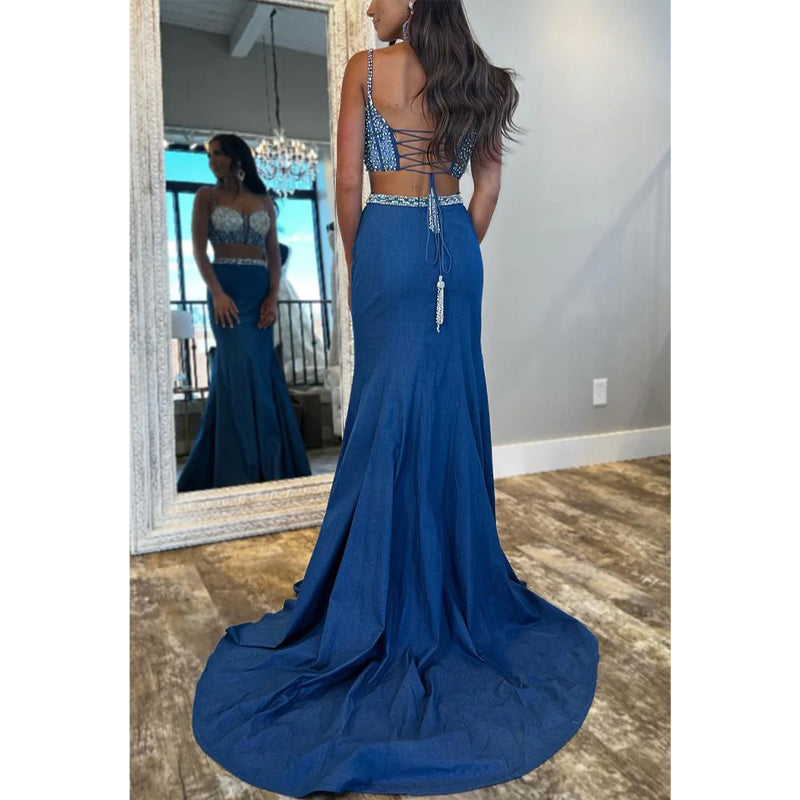 Two-piece Beaded Spaghetti Straps with Train Party Prom Evening Dress