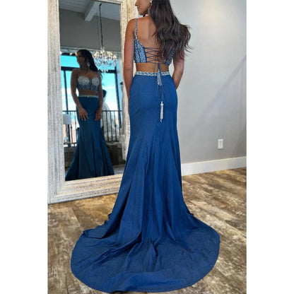 Two-piece Beaded Spaghetti Straps with Train Party Prom Evening Dress