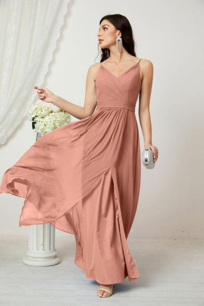 Numbersea Chiffon V-Neck Bridesmaid Dress Spaghetti Strap Long Formal Party Prom Gowns with Slit 28010-numbersea