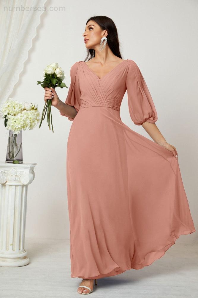 Numbersea Formal Prom Gown Women V-Neck Chiffon Bridesmaid Dresses Long Bishop Sleeve Party Dress 2807-numbersea