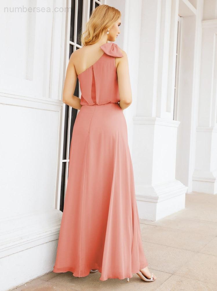 Numbersea Chiffon Ruffled One Shoulder Sleeveless Long Bride Dresses A-line Formal Evening Gown Side Split 28057-numbersea