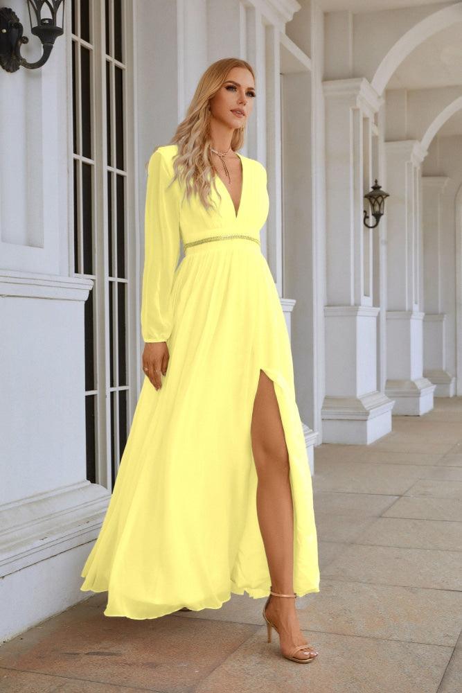 Ladies V Neck Chiffon Long Sleeve Front Slit Bridesmaid Evening Dress Wedding Party Shopping Evening Dress 28109-numbersea