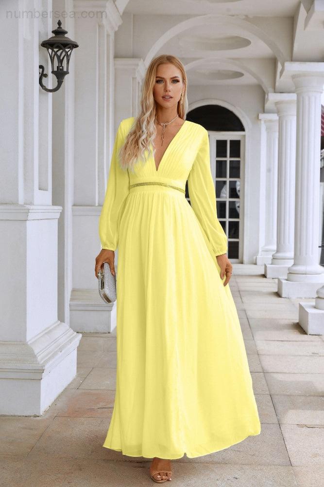 Ladies V Neck Chiffon Long Sleeve Front Slit Bridesmaid Evening Dress Wedding Party Shopping Evening Dress 28109-numbersea