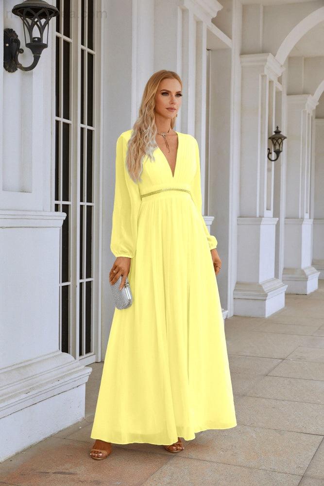 Ladies V Neck Chiffon Long Sleeve Front Slit Bridesmaid Evening Dress Wedding Party Shopping Evening Dress 28109-numbersea