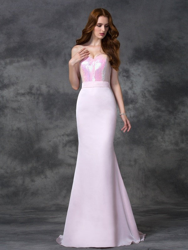 Trumpet/Mermaid Sweetheart Beading Sleeveless Long Satin Chiffon Bridesmaid Dresses