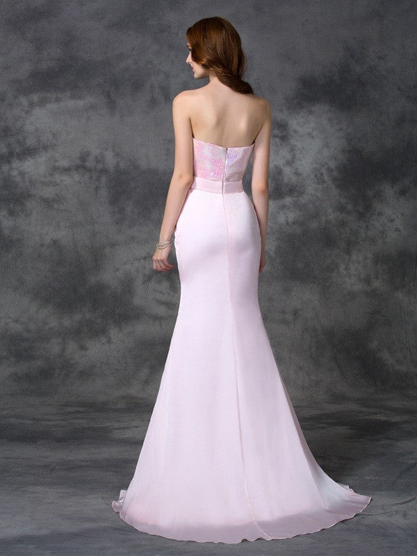 Trumpet/Mermaid Sweetheart Beading Sleeveless Long Satin Chiffon Bridesmaid Dresses