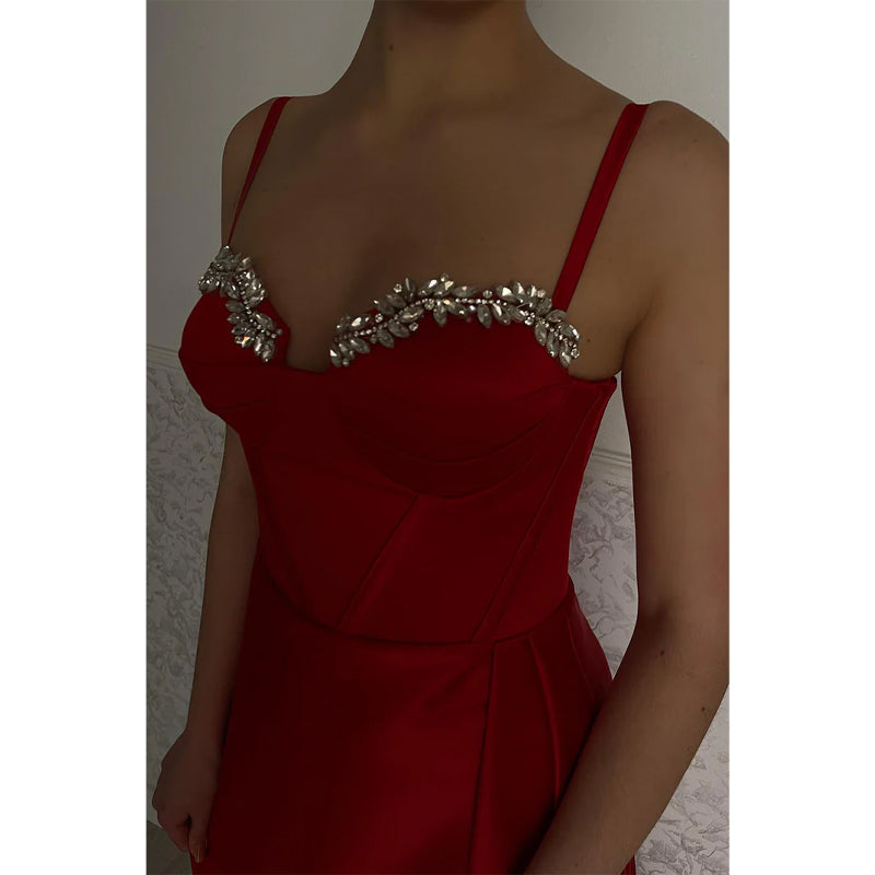 Spaghetti Straps Sweetheart Beads Red Long Prom Formal Dress