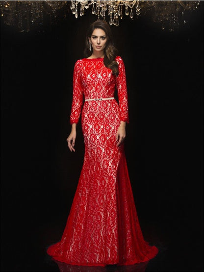 Sheath/Column Bateau Lace 3/4 Sleeves Long Lace Dresses