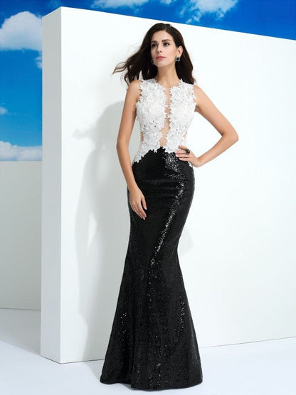 Sheath/Column Scoop Paillette Sleeveless Long Lace Dresses