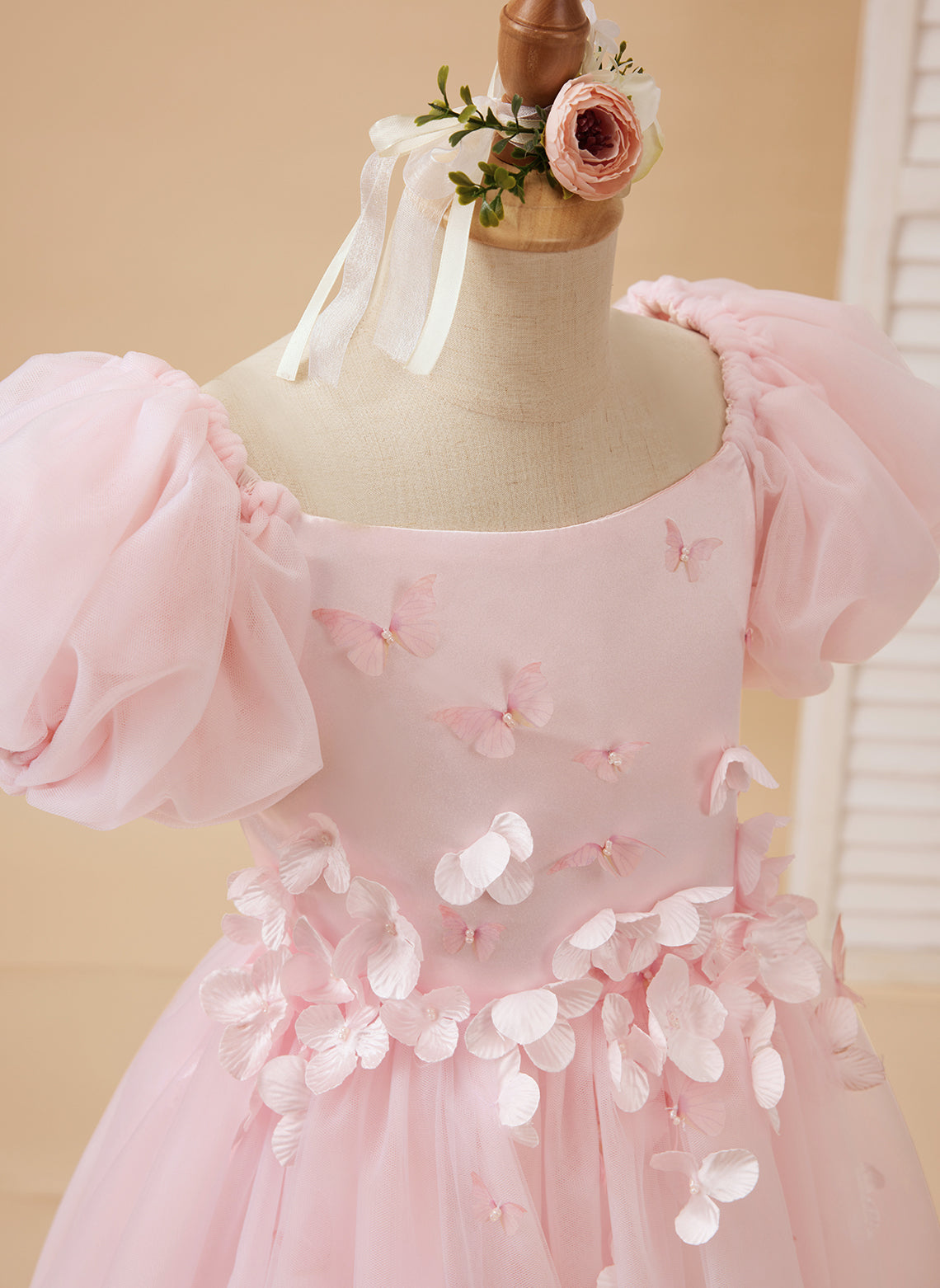 Puffy Sleeves Off-Shoulder 3D Floral Appliques Tulle Tea-length Flower Girl Dress