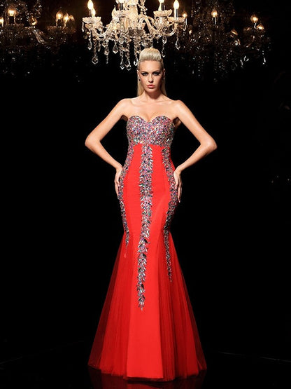 Sheath/Column Sweetheart Rhinestone Sleeveless Long Net Dresses