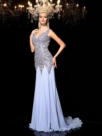 Sheath/Column Straps Rhinestone Sleeveless Long Chiffon Dresses