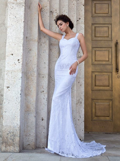 Sheath/Column Straps Lace Sleeveless Long Lace Wedding Dresses