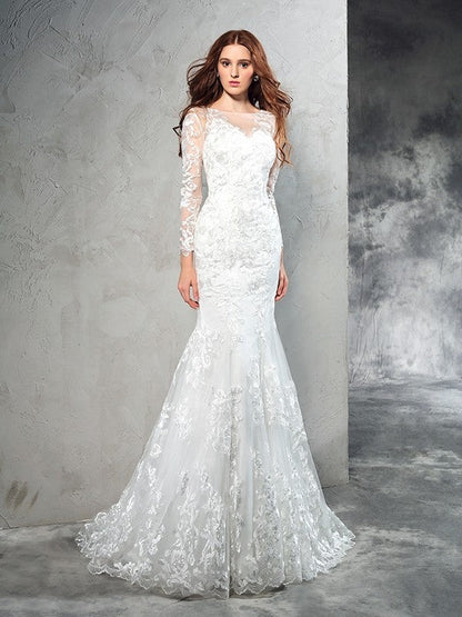 Sheath/Column Sheer Neck Lace Long Sleeves Long Net Wedding Dresses