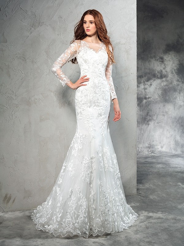 Sheath/Column Sheer Neck Lace Long Sleeves Long Net Wedding Dresses