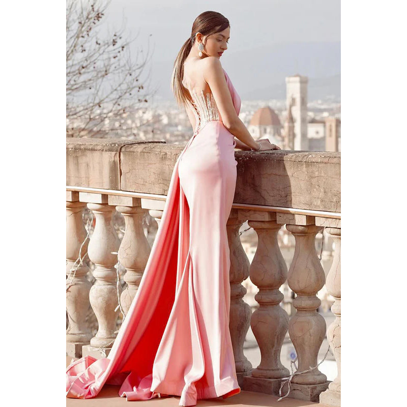 Elegant & Luxurious Sheath/Column One Shoudler Side Slit Sleeveless Ruched Prom Dress