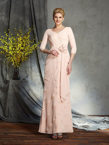 Sheath/Column V-neck Hand-Made Flower 3/4 Sleeves Long Chiffon Mother of the Bride Dresses