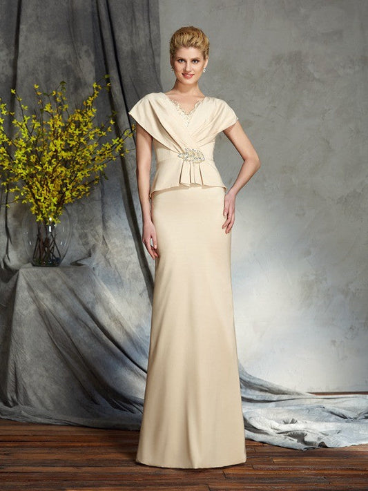 Sheath/Column V-neck Beading Short Sleeves Long Silk like Satin Mother of the Bride Dresses