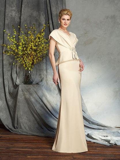 Sheath/Column V-neck Beading Short Sleeves Long Silk like Satin Mother of the Bride Dresses