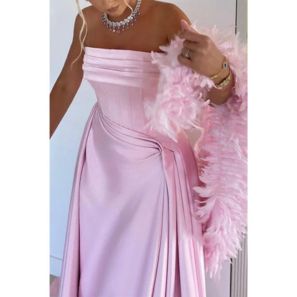 Strapless Pleats A-line with Train Party Prom Evening Dress