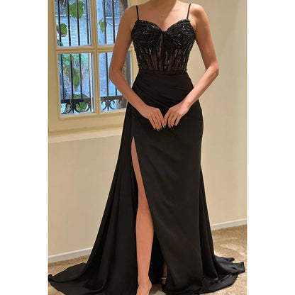 V-Neck Spaghetti Straps Beaded Ruched Sheath Long Prom Evening Gown