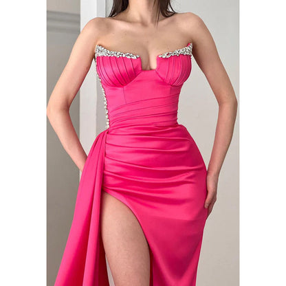 Strapless Beaded Ruched Satin Sheath Long Prom Gown With Slit