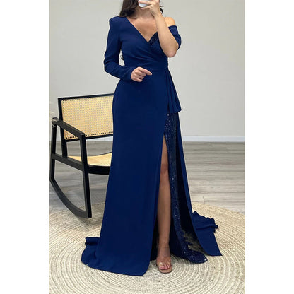 Sexy A-Linien-Ballkleid mit einer Schulter und Perlenbesatz, langes Abendkleid, Partykleid 