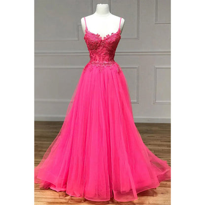 Spaghetti Straps Lace Appliques A-line Long Prom Dress