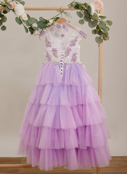 Lilac Tulle Princess Ball Gown with Floral Appliques and Beading for Girls