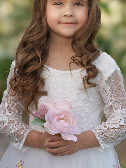 Floral Lace Embroidered Tulle A-Line Floor Length Garden Flower Girl Dress