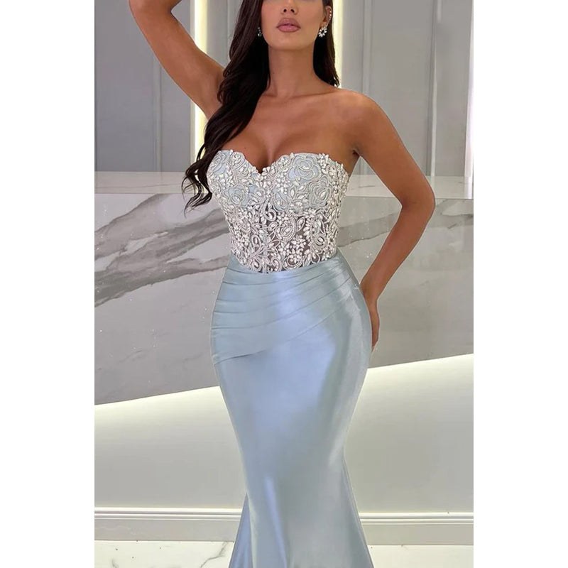 Strapless Appliqued Beaded Satin Mermaid Long Evening Dress