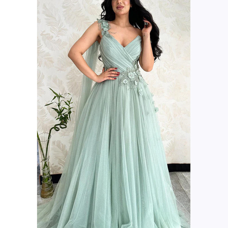 V-Neck One Shoulder Appliqued Ruched Tulle A-Line Long Evening Dress