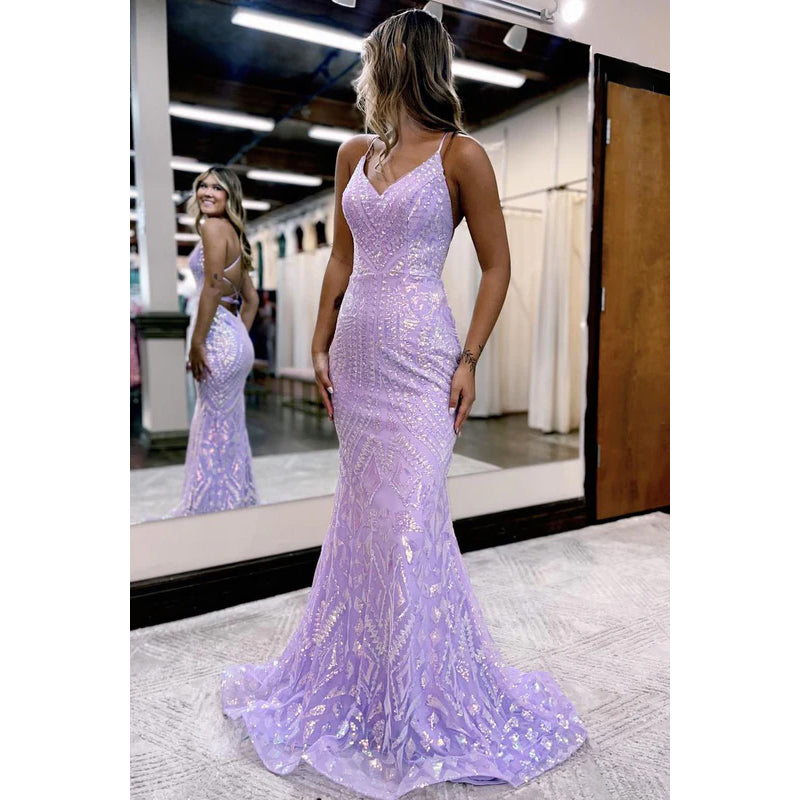 Sparkly Purple Criss-Cross Straps Trumpet V-Neck Sequins Evening Party Prom Dress