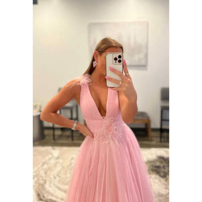 Deep V-Neck Ruched Tulle A-Line Long Prom Gown