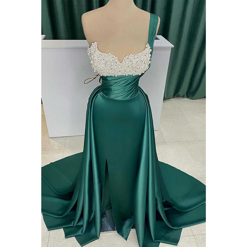 Satin-Abendkleid mit schulterfreien Ärmeln und Perlen und abnehmbarer Schleppe 