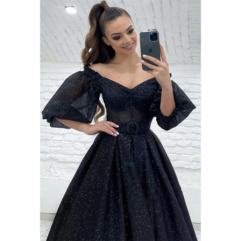 Unique Off The Shoulder Half Sleeves Sparkly Prom Ball Gown