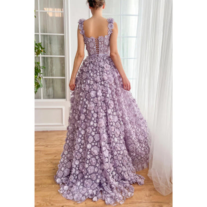 Tulle A-line Square Floral Appliqued with Side Slit Party Prom Evening Dress