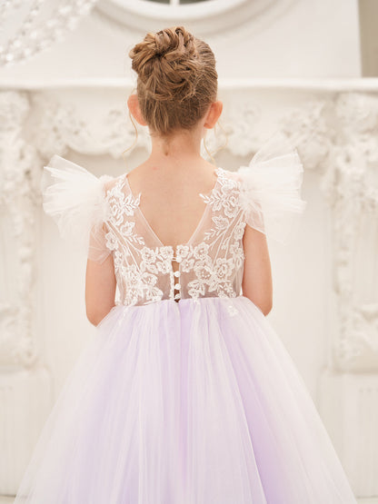 Detachable  Lace Tulle Sweep Train Flower Girl Dress