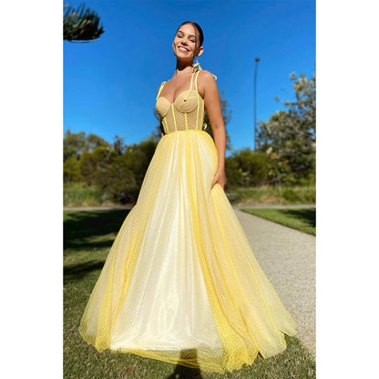 Spaghetti Straps Sweetheart Yellow Tulle Long Prom Dress