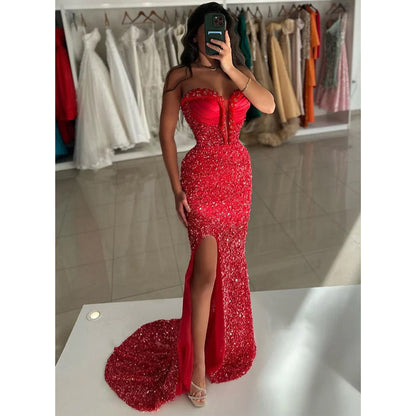 Chic & Modern Strapless Beaded Red Long Formal Dress Floor Length