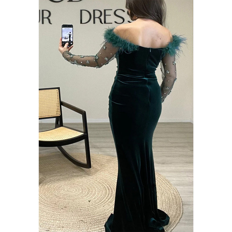 Feather Off-shoulder Beaded Velvet Sheath Long Prom Dress Evening Gown