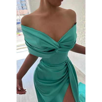 V-Neck Off-Shoulder Sleeveless Ruched Satin Sheath Long Evening Dress