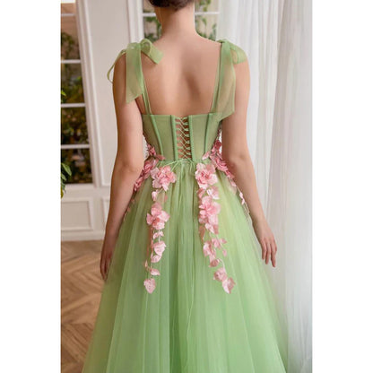 Sweetheart Appliqued Tulle A-Line Long Prom Gown With Slit