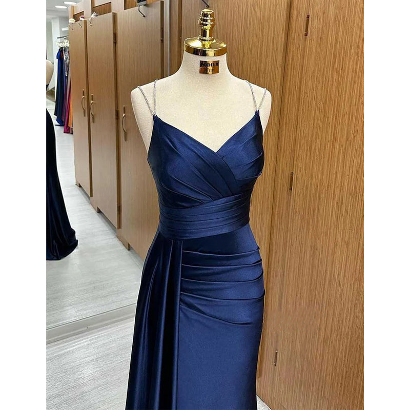 V-neck Spaghetti Straps Ruched with Train Party Prom Evening Dress